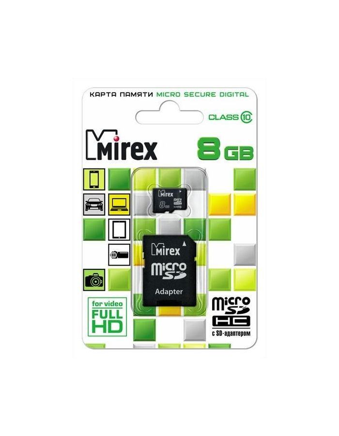 Карта памяти Mirex MicroSDHC 8Gb Class 10 13613-AD10SD08  + adapter - фото 1