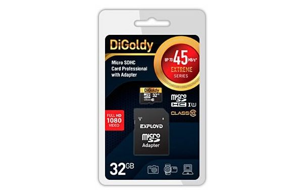 Карта памяти DiGoldy MicroSDHC 32Gb Class 10 UHS-I Extreme DG032GCSDHC10UHS-1-ElU1  + adapter - фото 1