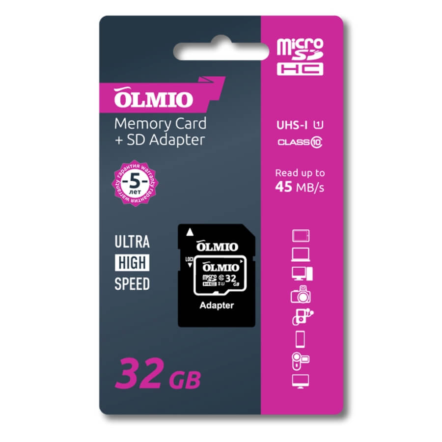 Карта памяти Olmio MicroSDHC 32Gb Class 10 UHS-I 39122  + adapter - фото 1