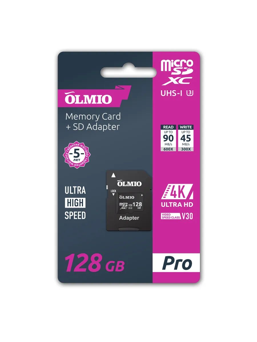 Карта памяти Olmio MicroSeDXC 128Gb Class 10 UHS-I U3 V30 039606  + adapter - фото 1