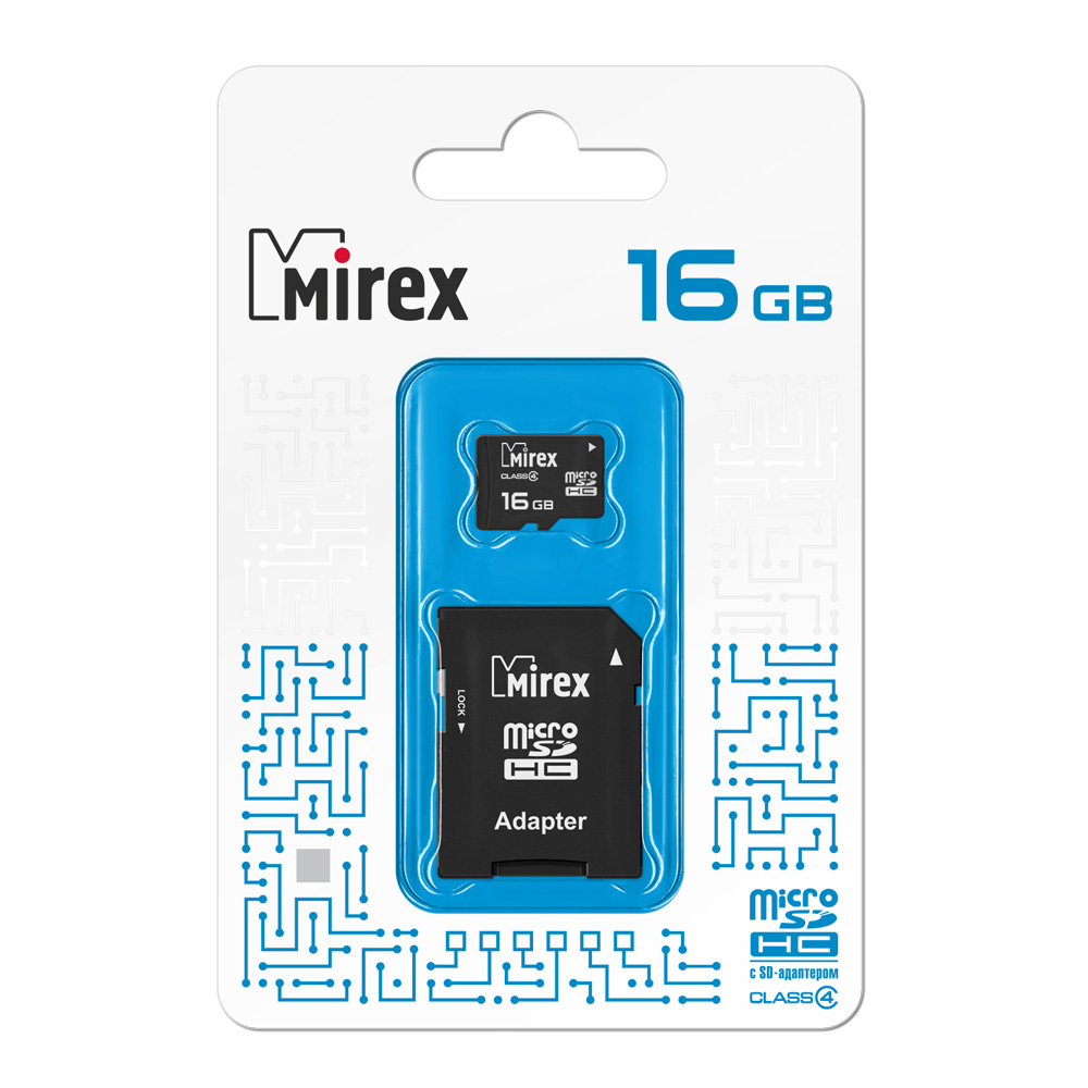 Карта памяти microSD 16GB Mirex microSDHC Class 4 (SD адаптер)