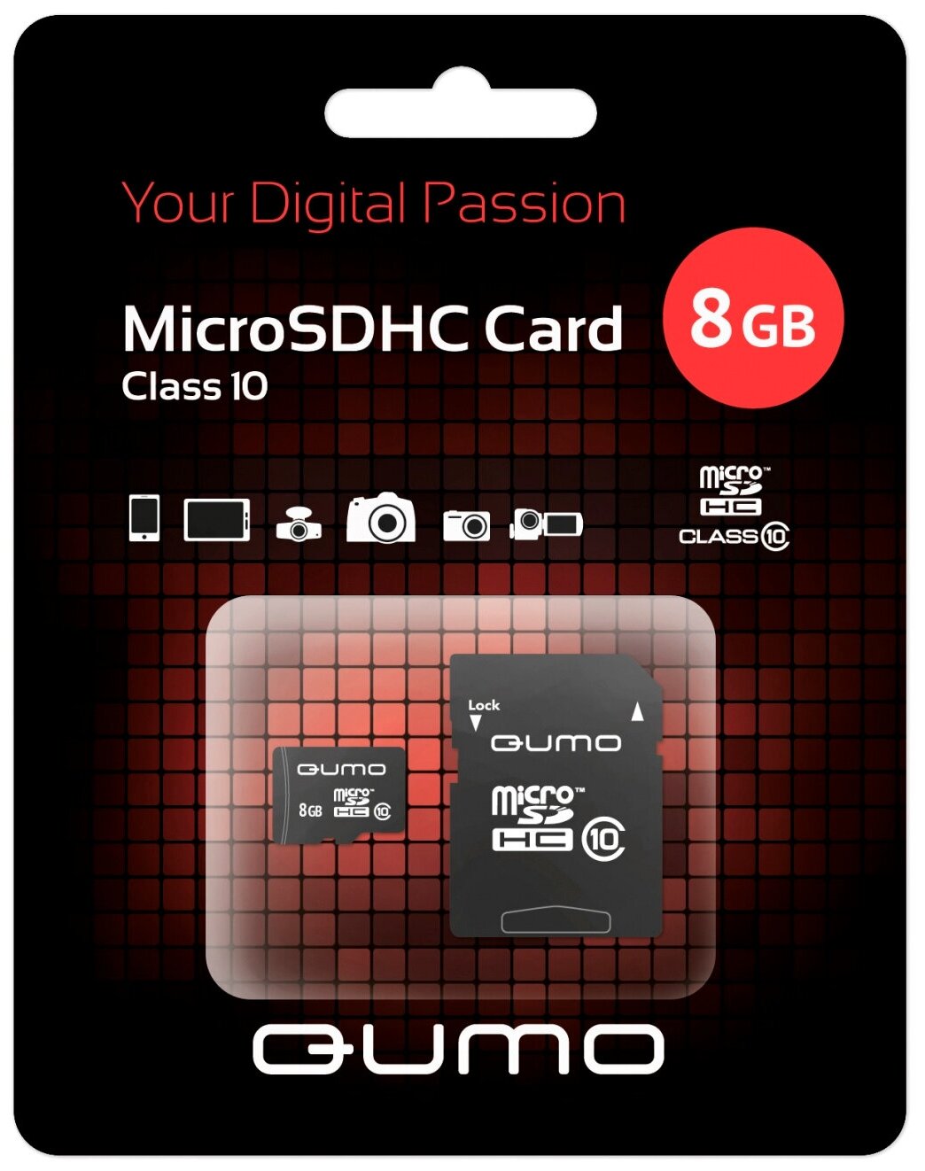 Карта памяти QUMO MicroSDHC 8Gb Сlass 10 + ADP (QM8GMICSDHC10) reeder m7s 8 gb 7 sim card 2 gb ram