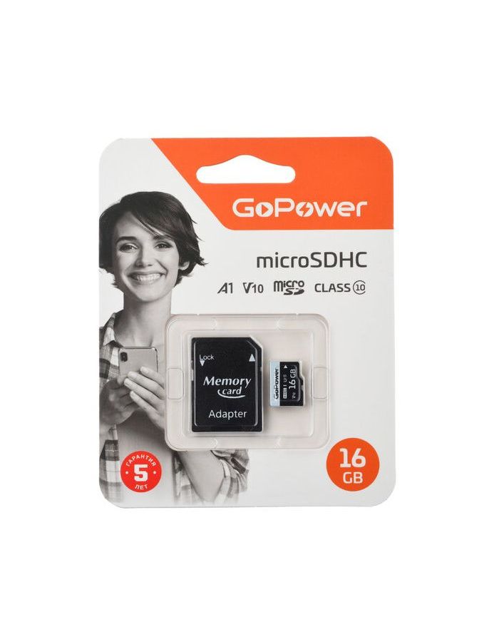 цена Карта памяти microSD GoPower 16GB Class10 с адаптером (00-00025674)