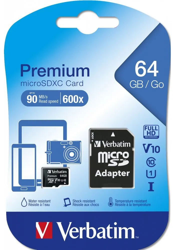 Карта памяти VERBATIM 64GB 90MB/S MICROSD CLASS 10 (INC ADAPTOR) 44084