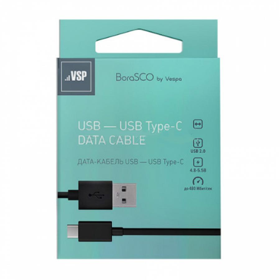 Дата-кабель USB - Type-C, 2А, 2м, черный, BoraSCO (VSP) дата кабель usb type c 2а 2м черный borasco vsp