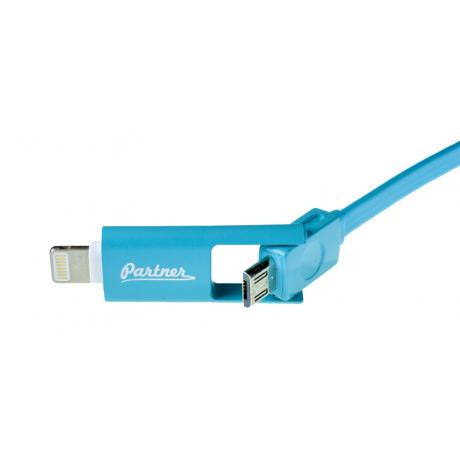 Кабель Partner USB 2.0 - microUSB/Apple 8pin, 2-в-1, 1м, 2.1A, плоский, голубой - фото 2