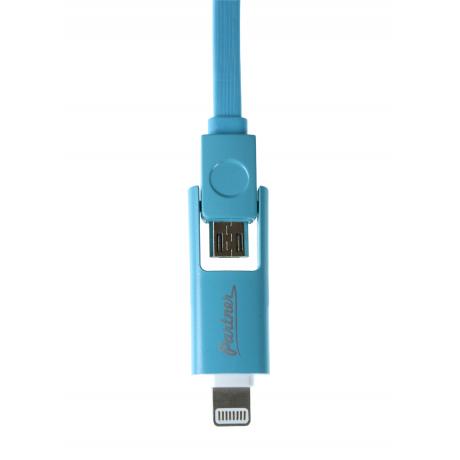 Кабель Partner USB 2.0 - microUSB/Apple 8pin, 2-в-1, 1м, 2.1A, плоский, голубой - фото 3