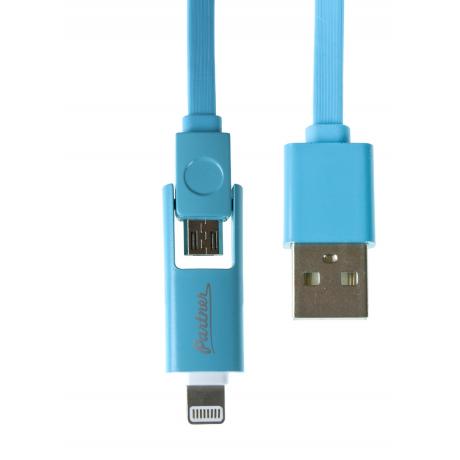 Кабель Partner USB 2.0 - microUSB/Apple 8pin, 2-в-1, 1м, 2.1A, плоский, голубой - фото 5