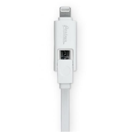 Кабель Partner USB 2.0 - microUSB/Apple 8pin, 2-в-1, 1м, 2.1A, плоский, белый - фото 1
