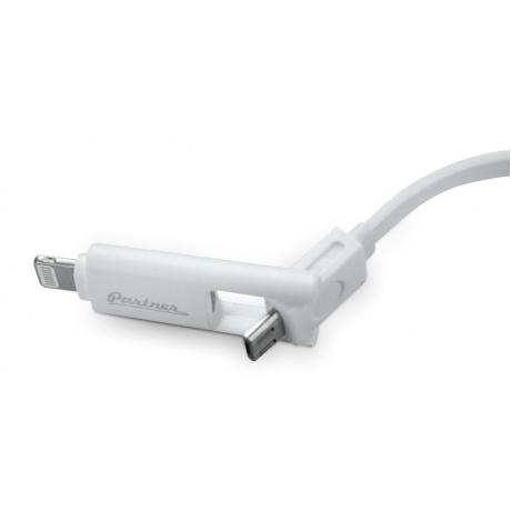 Кабель Partner USB 2.0 - microUSB/Apple 8pin, 2-в-1, 1м, 2.1A, плоский, белый - фото 3