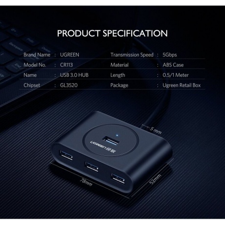 Хаб UGREEN USB концентратор 4 х USB 3.0, 1 м, цвет черный (20291) - фото 26