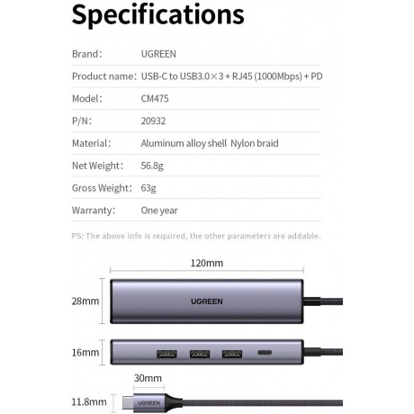 Хаб UGREEN USB концентратор USB Type-C - 3хUSB 3.0, LAN (1Gbit), PD 100W, цвет серый космос (20932) - фото 20