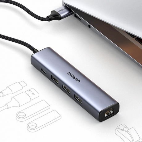 Хаб UGREEN USB концентратор USB Type-C - 3хUSB 3.0, LAN (1Gbit), PD 100W, цвет серый космос (20932) - фото 4