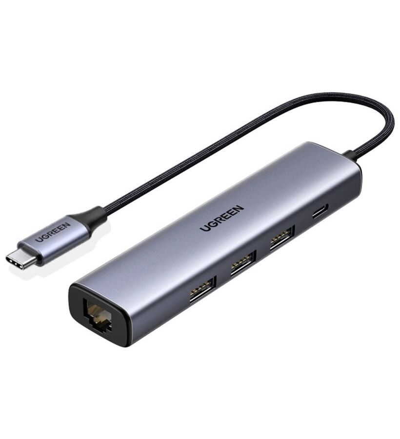 Хаб UGREEN USB концентратор USB Type-C - 3хUSB 3.0, LAN (1Gbit), PD 100W, цвет серый космос (20932) хаб usb ugreen cm475 usb type c multifunction gigabit ethernet adapter with pd space grey 20932