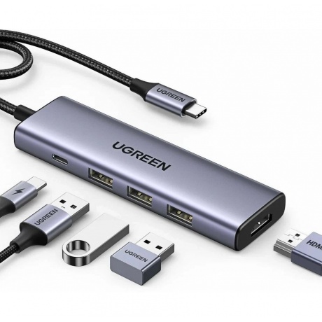 Хаб UGREEN USB концентратор USB-C To HDMI 4K при 30 Гц , 3хUSB 3.0 A, PD Power Converter 100 Вт цвет серый космос (15596) - фото 4
