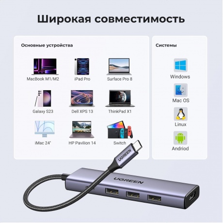 Хаб UGREEN USB концентратор USB-C To HDMI 4K при 30 Гц , 3хUSB 3.0 A, PD Power Converter 100 Вт цвет серый космос (15596) - фото 10