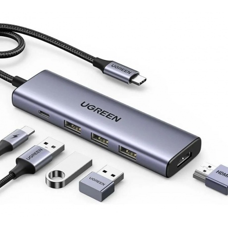 Хаб UGREEN USB концентратор USB-C to HDMI, 3хUSB 3.0 A, PD Power Converter, цвет серый космос (15597) - фото 2