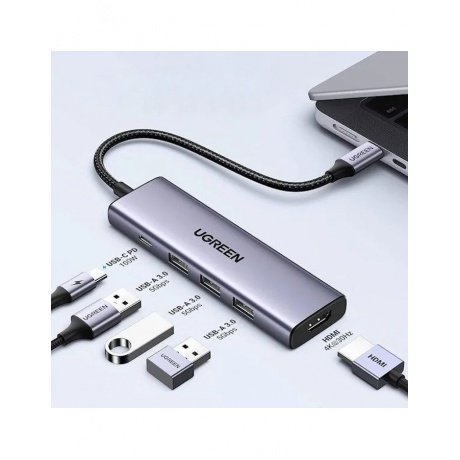 Хаб UGREEN USB концентратор USB-C to HDMI, 3хUSB 3.0 A, PD Power Converter, цвет серый космос (15597) - фото 3