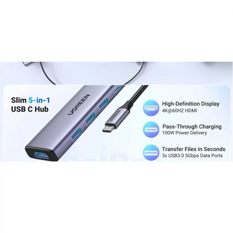 Хаб UGREEN USB концентратор USB-C to HDMI, 3хUSB 3.0 A, PD Power Converter, цвет серый космос (15597) - фото 5
