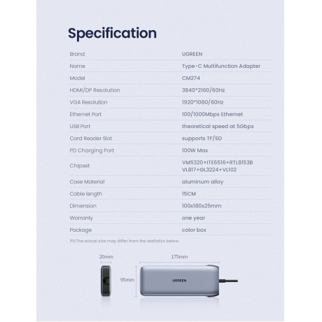 Хаб UGREEN USB концентратор 9 в 1 2 х USB 3.0, HDMI, VGA, DP, RJ45, SD/TF, PD (70301) - фото 8